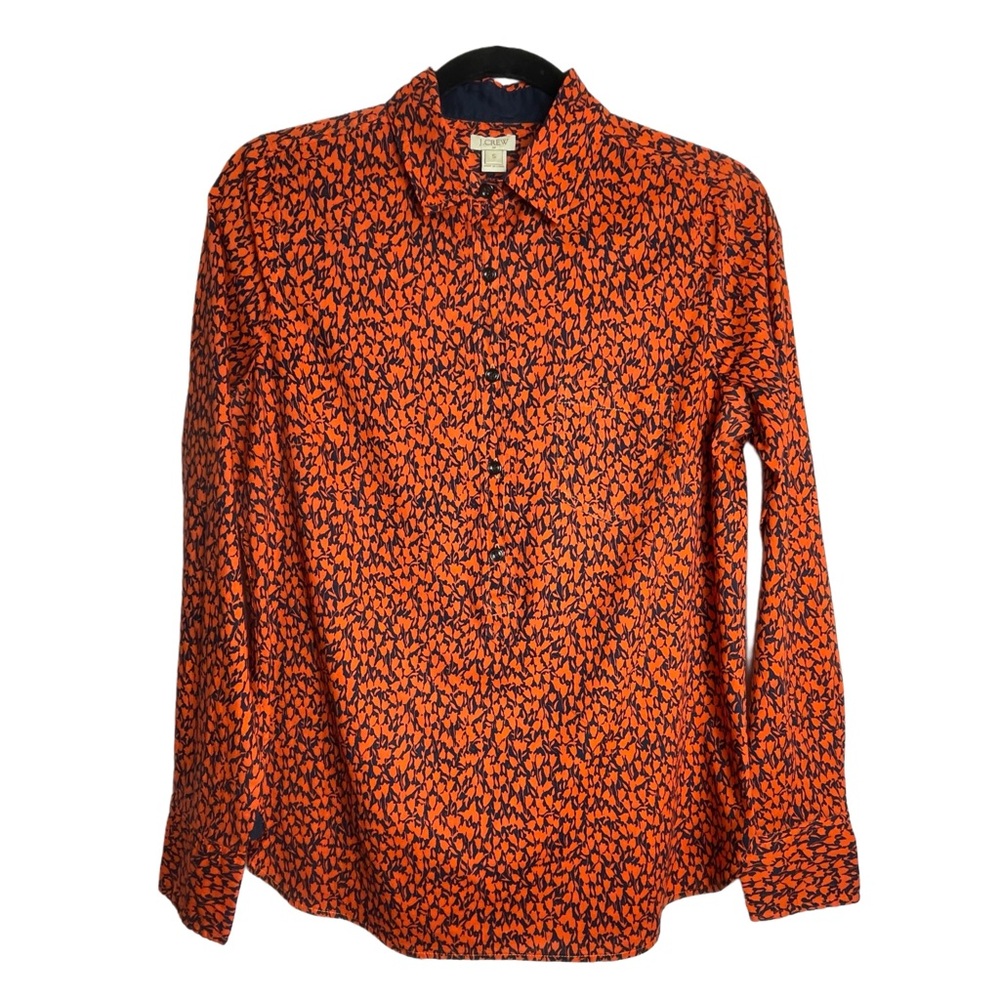 J CREW Printed Popover Long Sleeve Shirt in Navy/Orange Tulips Style# C1193 EUC